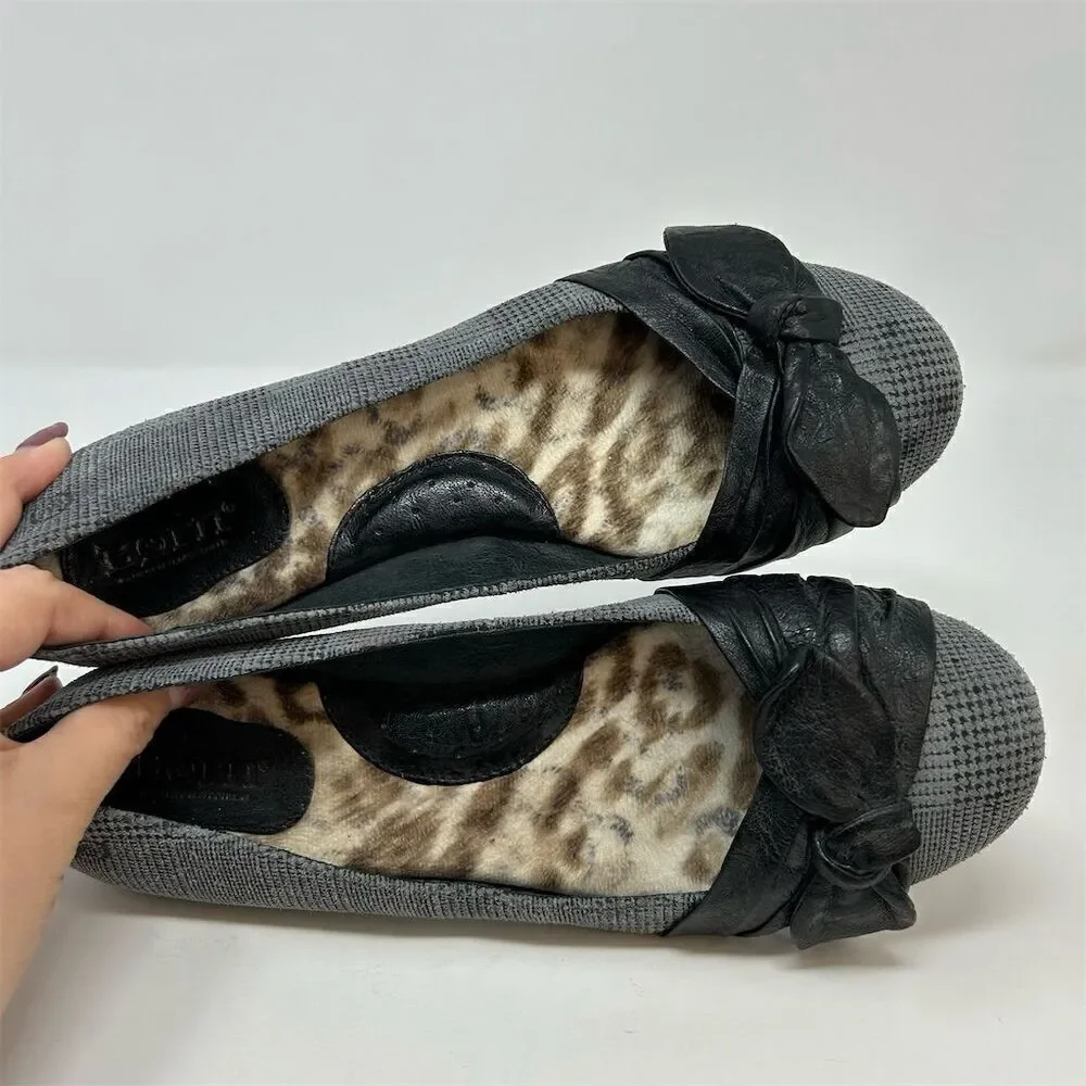 Born Women's Molly Ballet Flats Gray Plaid Black Bold Bow Size 9 Casual Fall